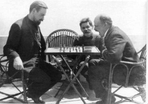 Bogdanov, Gorki and Lenin, playing chess in Capri (1908)